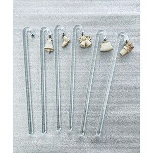 Vintage Glass Swizzle Sticks Set of 6 w/ Curled Tops & Decorative Charms 6"